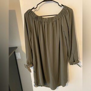 Express army green off-the-shoulder 3/4 sleeve shirt dress